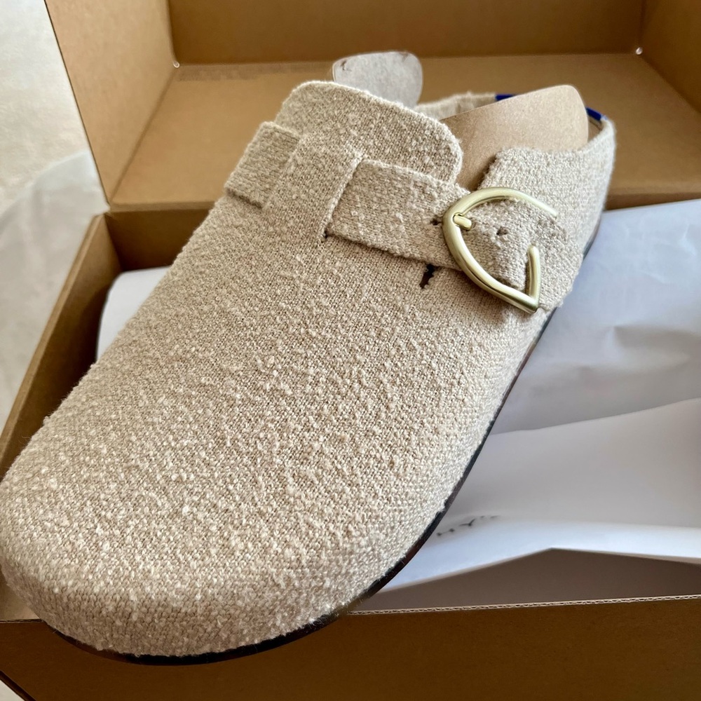 Rothy’s clog with Gold Buckle in Honeybun Boucle
